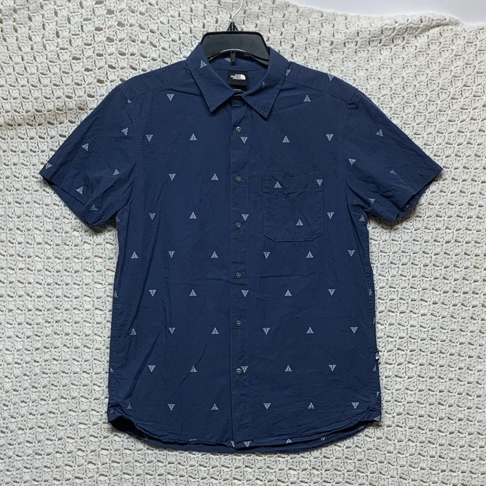 The North Face Shirt Men's Sz M Blue White Trees‎ Short Sleeve Button Up Hilking